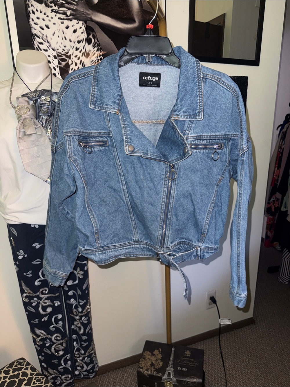 refuge Vintage-Inspired Light Blue Denim Moto Jacket